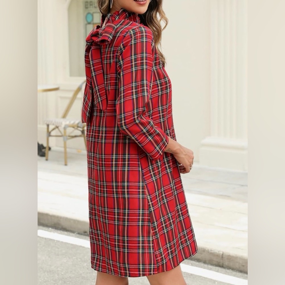 NWT Women's Fall Bow Tie Dress Casual Mini Dress Ruffle Mock Neck Long Sleeve - Picture 3 of 10